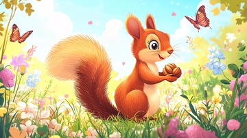 可爱小松鼠与蝴蝶鲜花