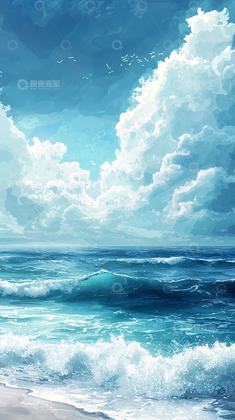 高清大图下载【趣麦麦图】蓝色大海与蓬松的云朵