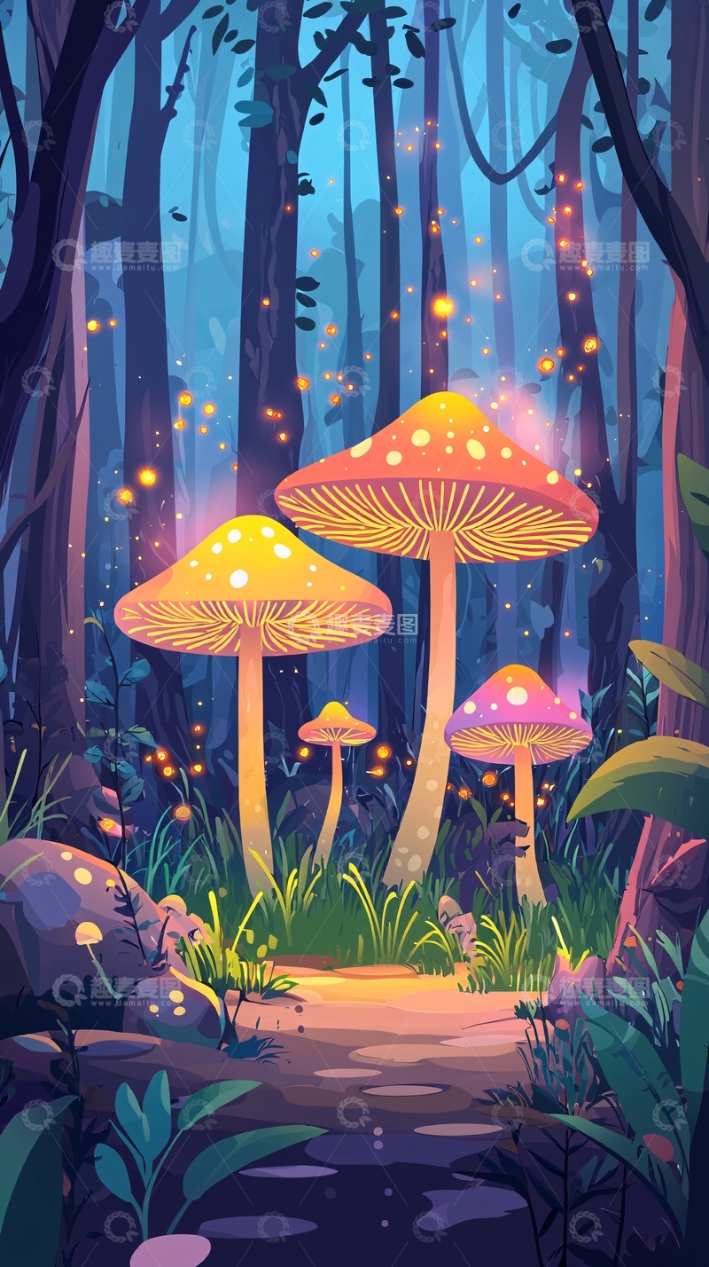 高清大图下载【趣麦麦图】梦幻森林发光蘑菇