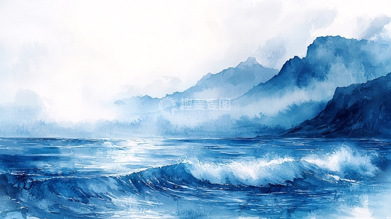 高清大图下载【趣麦麦图】水彩风格的山海景色