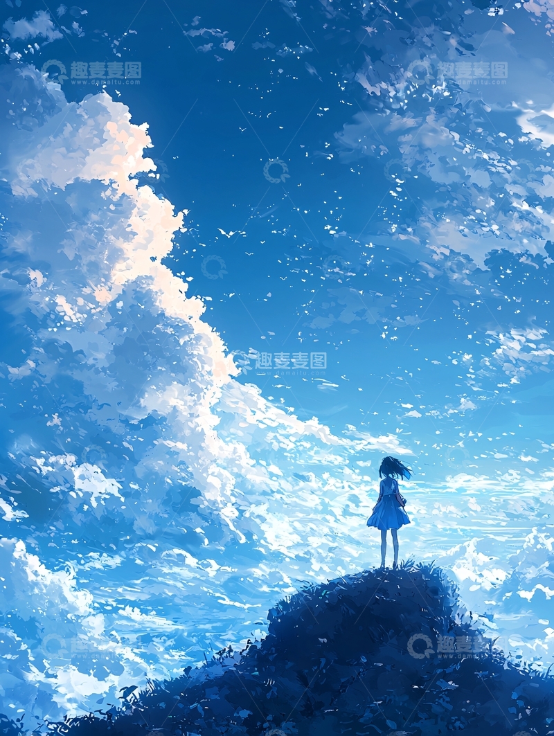 高清大图下载【趣麦麦图】蓝天白云下的女孩背影