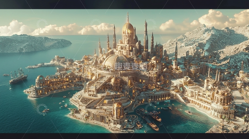 高清大图下载【趣麦麦图】海边金色城市全景