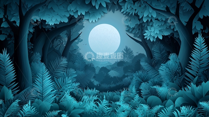 高清大图下载【趣麦麦图】蓝色森林月夜场景