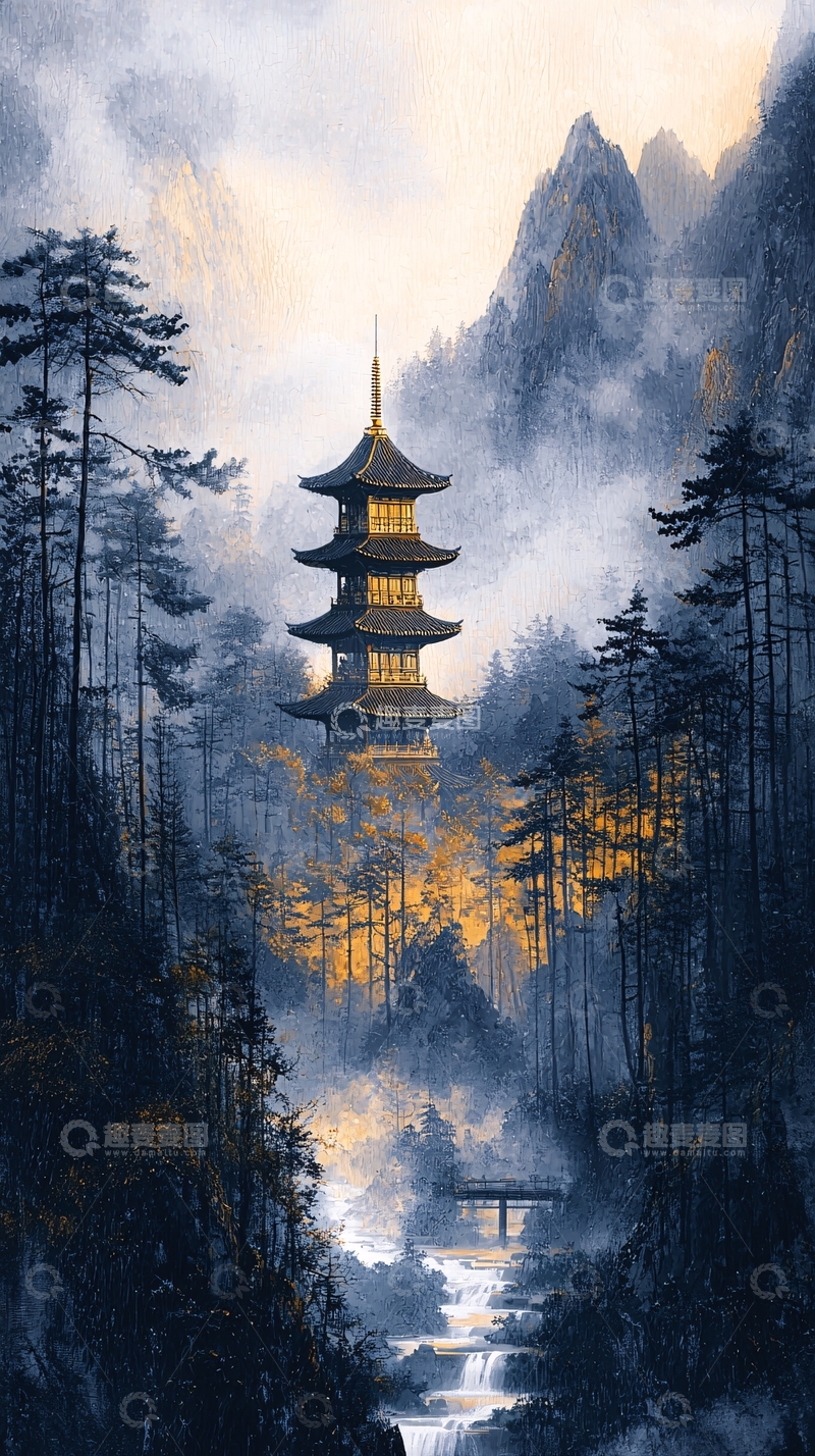 高清大图下载【趣麦麦图】山间雾气缭绕的古塔