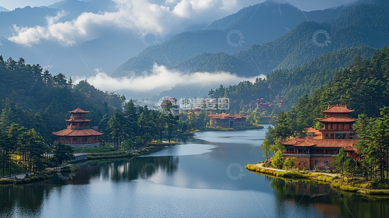高清大图下载【趣麦麦图】山间湖泊古建筑