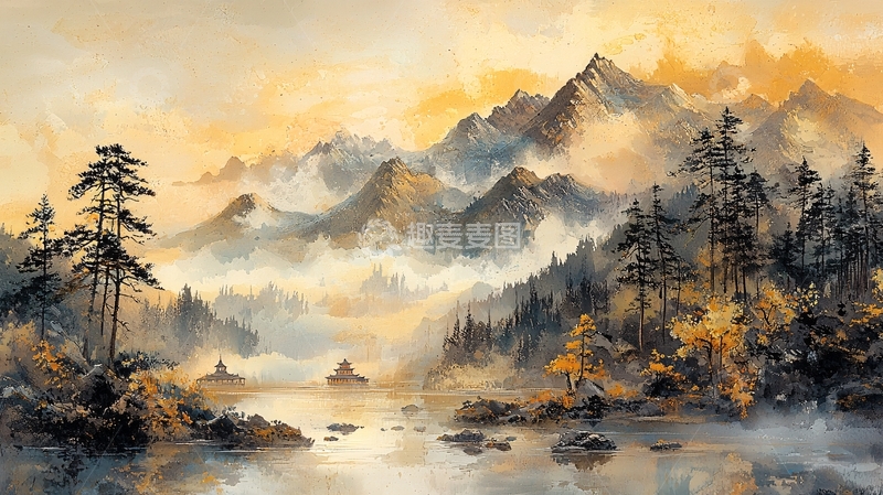 高清大图下载【趣麦麦图】水彩山景森林绘画
