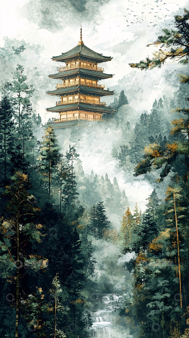 高清大图下载【趣麦麦图】山间宝塔水墨画