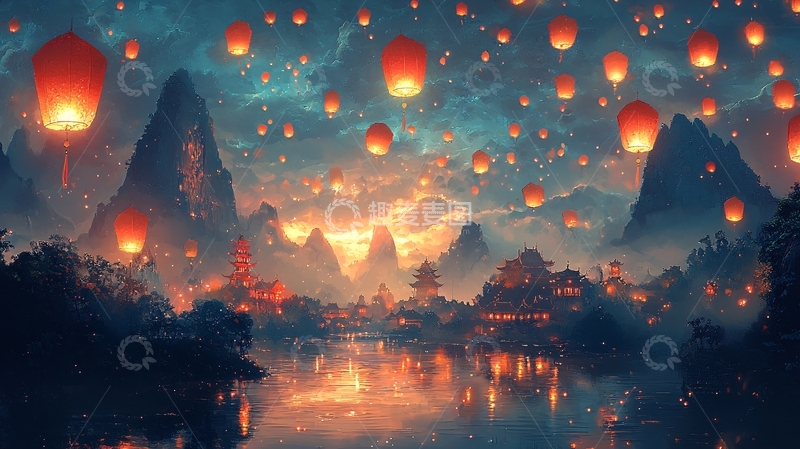 高清大图下载【趣麦麦图】夜空中漂浮着许多灯笼