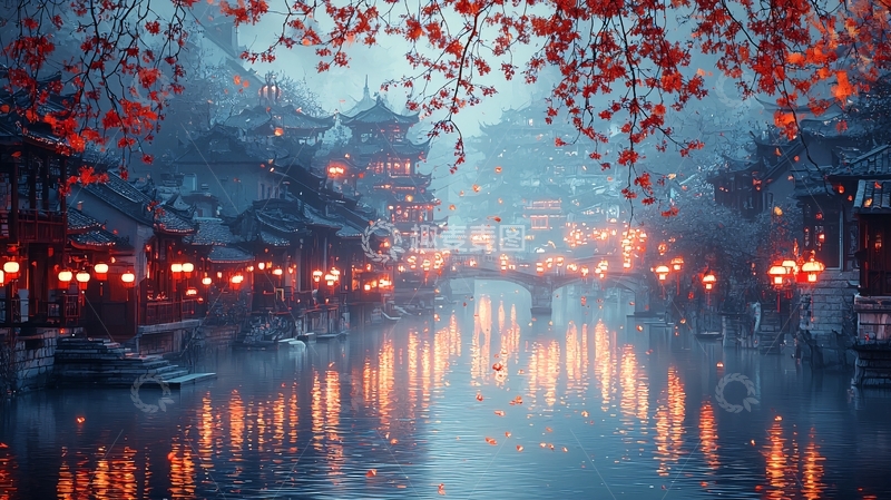 高清大图下载【趣麦麦图】夜色下的中国古镇