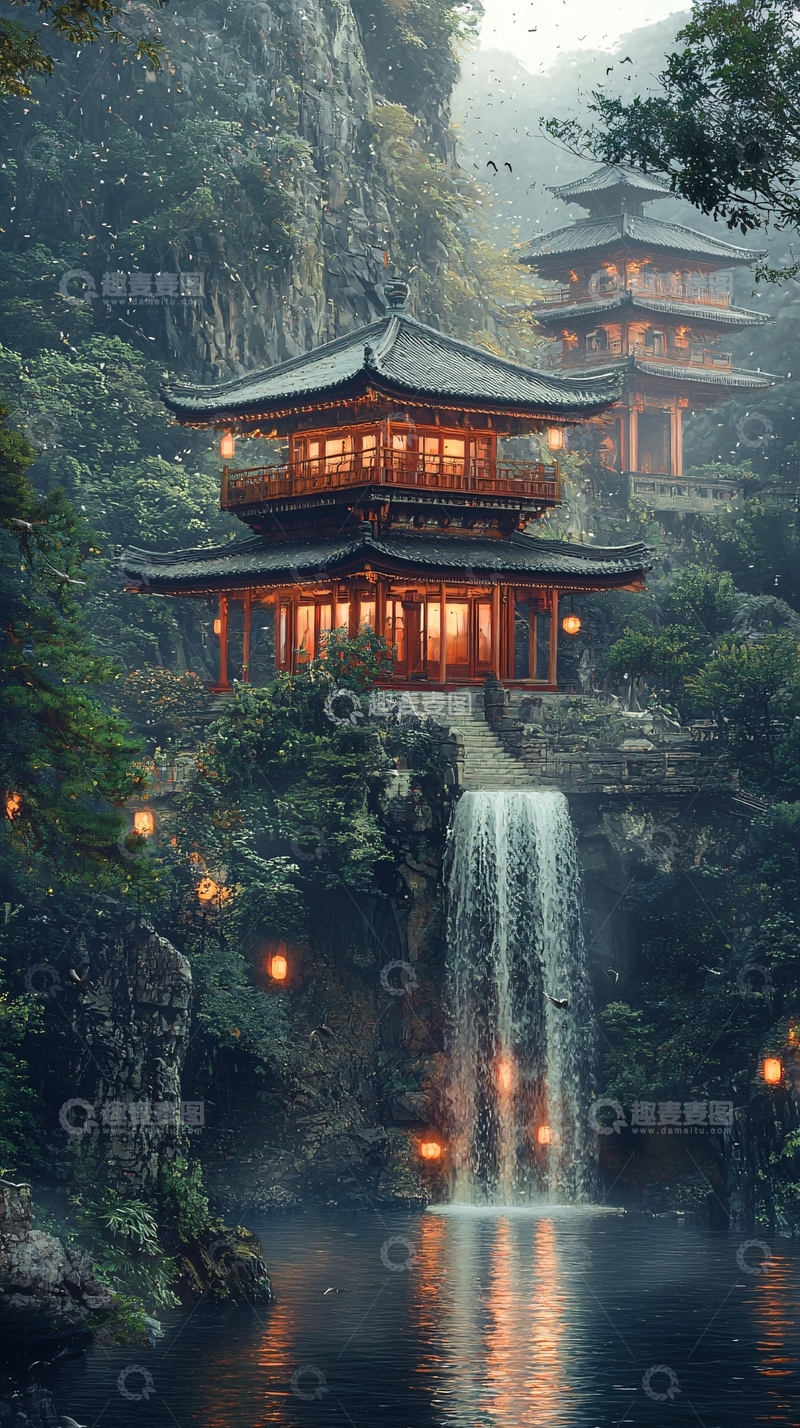 高清大图下载【趣麦麦图】山崖瀑布古建夜景