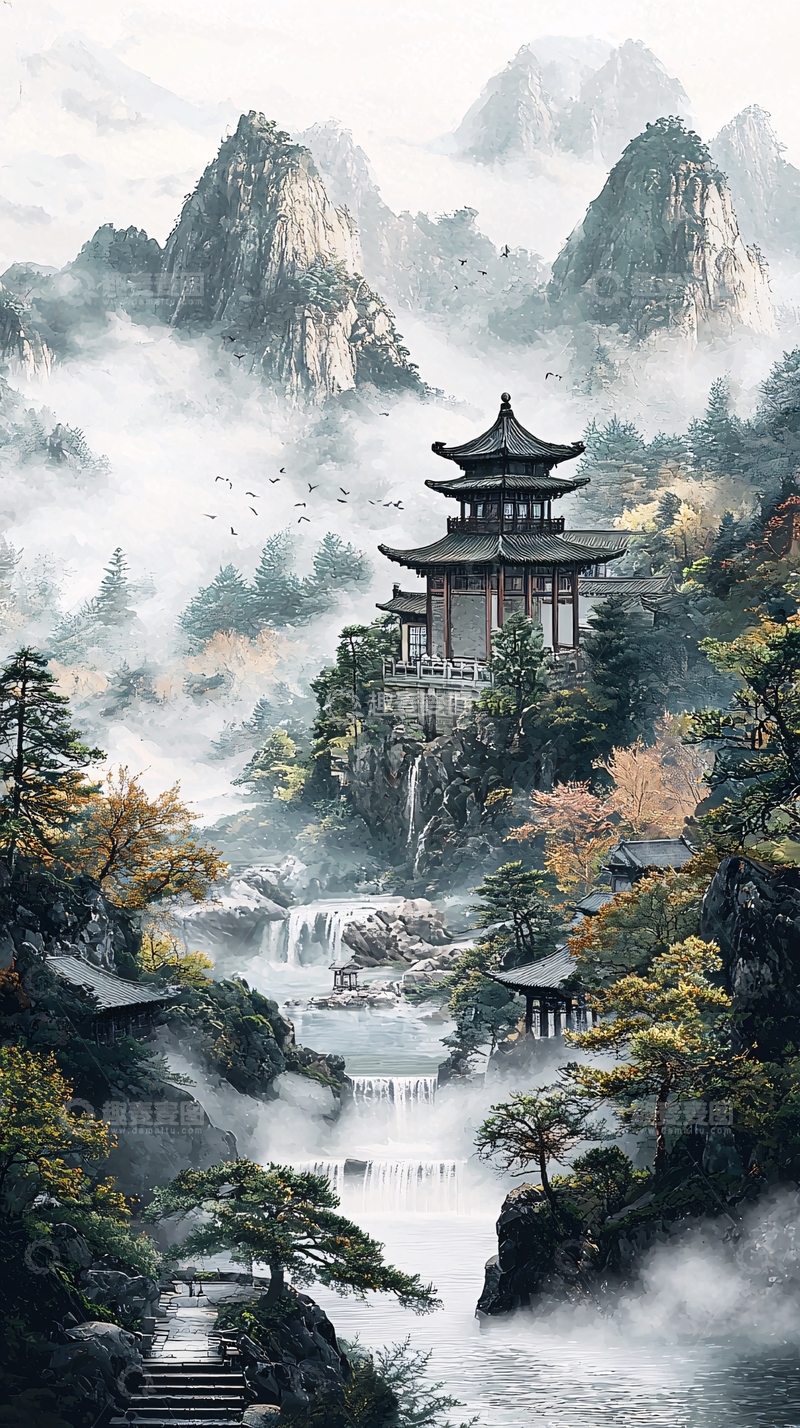 高清大图下载【趣麦麦图】山间寺庙云雾缭绕