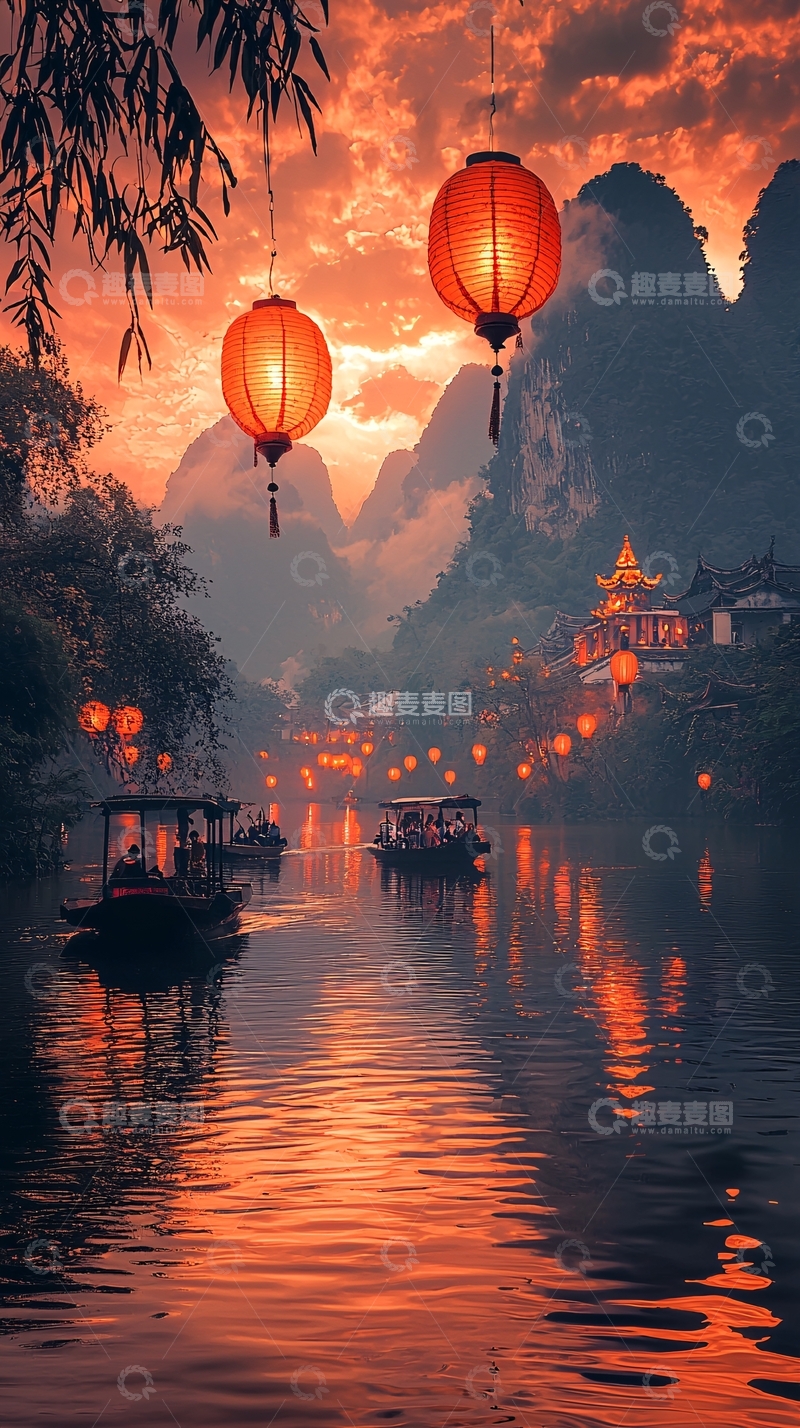 高清大图下载【趣麦麦图】中国风灯笼水上人家