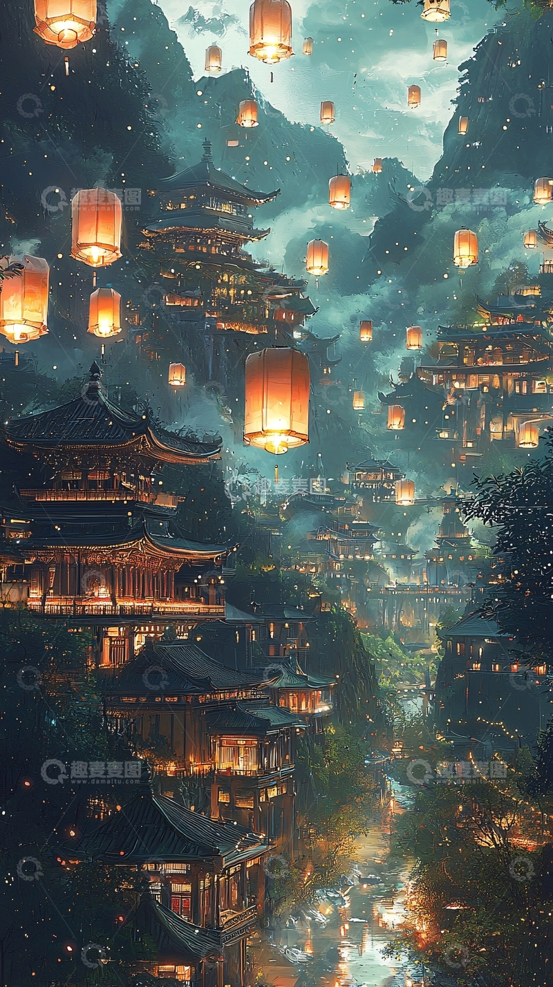 高清大图下载【趣麦麦图】中国风建筑群灯笼夜景