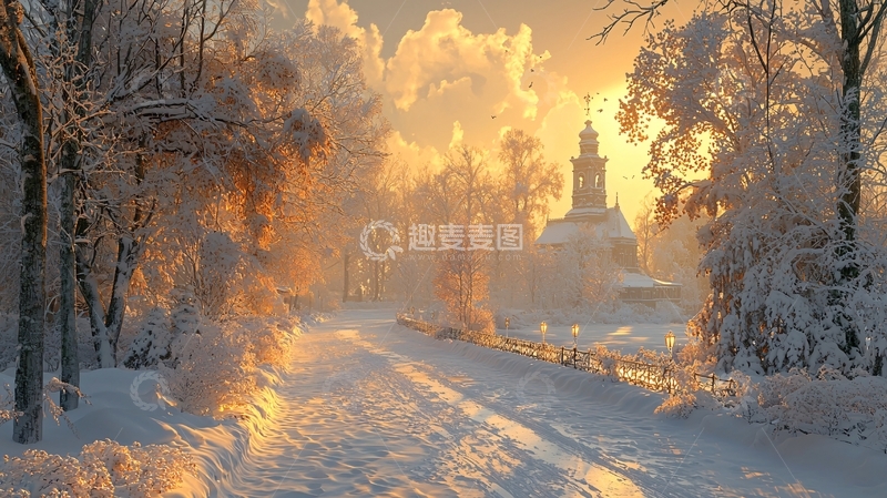 高清大图下载【趣麦麦图】冬日阳光下的雪景小镇