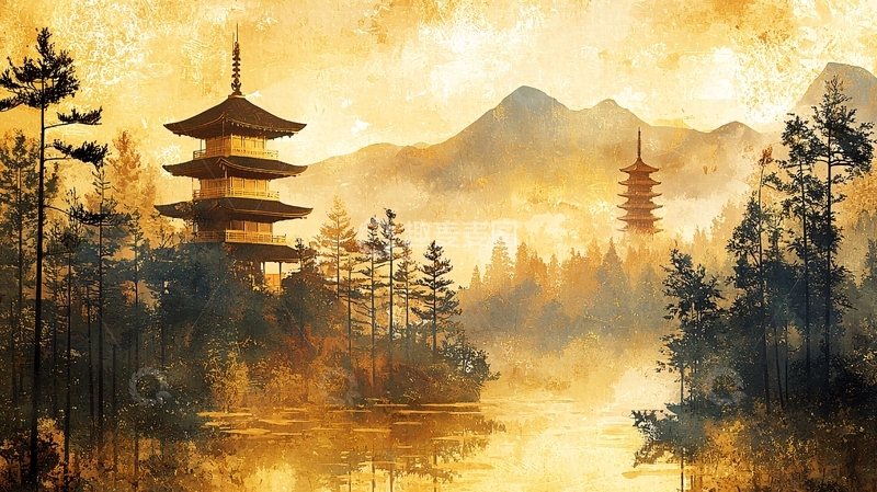 高清大图下载【趣麦麦图】水墨风塔林山水风景画