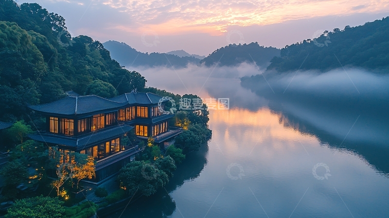 高清大图下载【趣麦麦图】清晨雾气缭绕湖边别墅