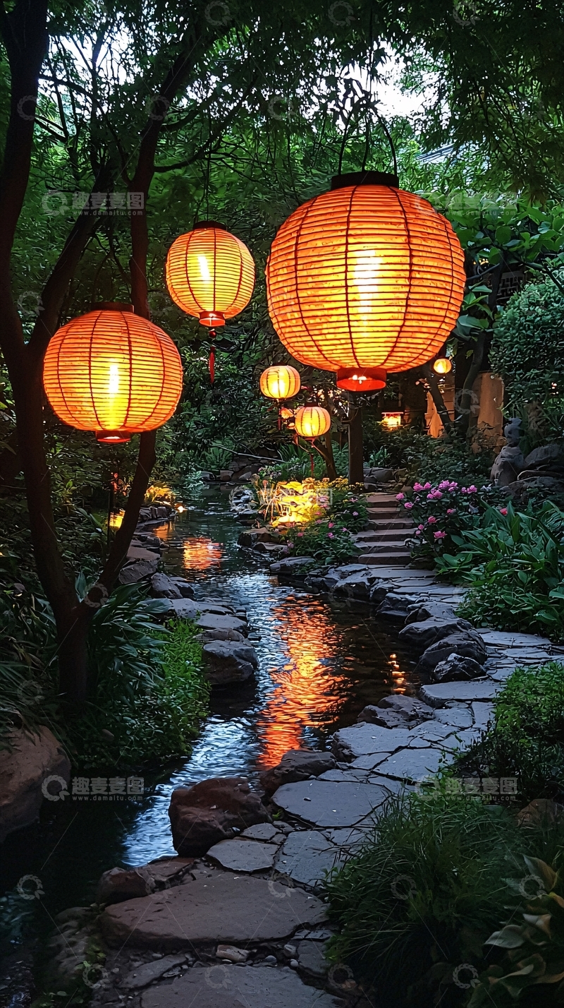 高清大图下载【趣麦麦图】夜色下的日式庭院灯笼小溪