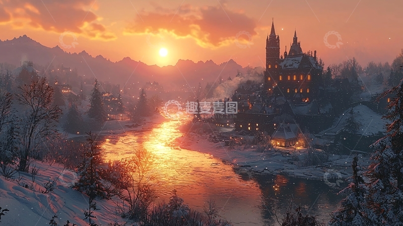 高清大图下载【趣麦麦图】冬日城堡夕阳雪景