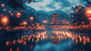 水面倒影的古风建筑灯笼夜景