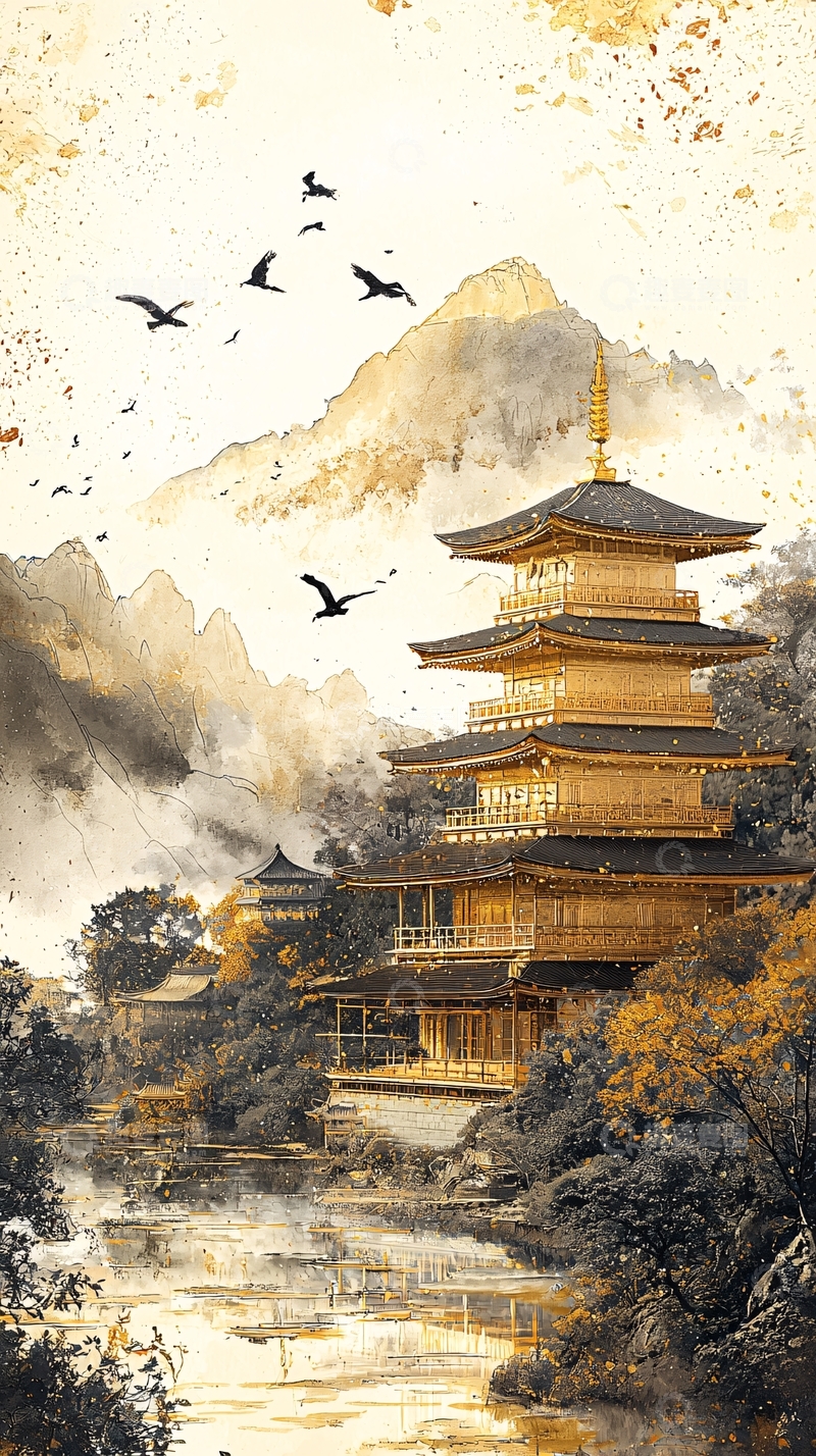 高清大图下载【趣麦麦图】金色古风建筑与山水