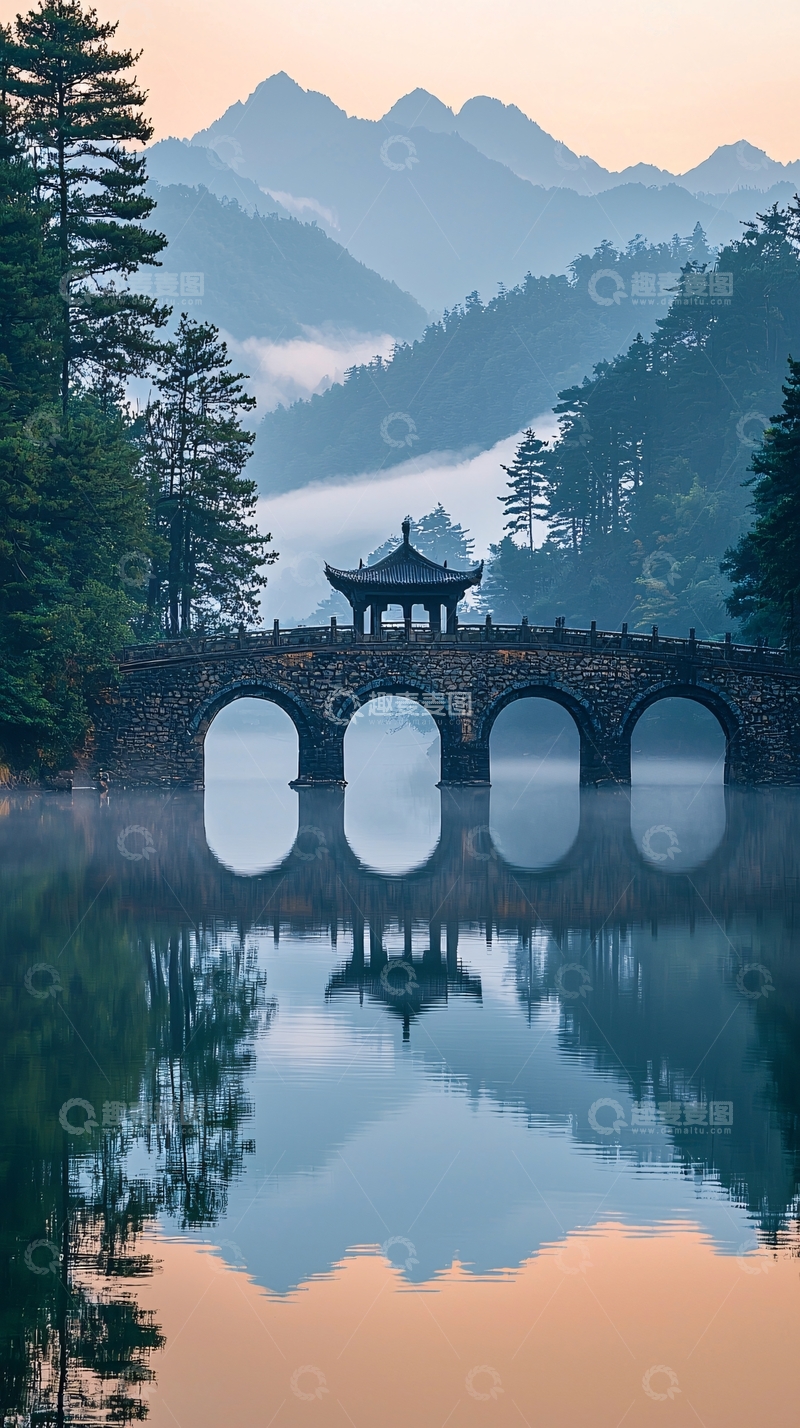 高清大图下载【趣麦麦图】山水倒影中的古桥亭台