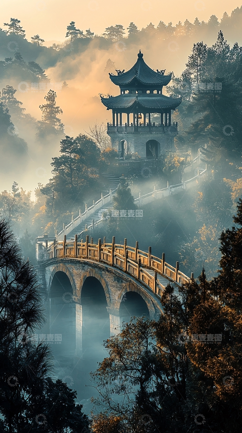 高清大图下载【趣麦麦图】山顶亭台楼阁云雾缭绕