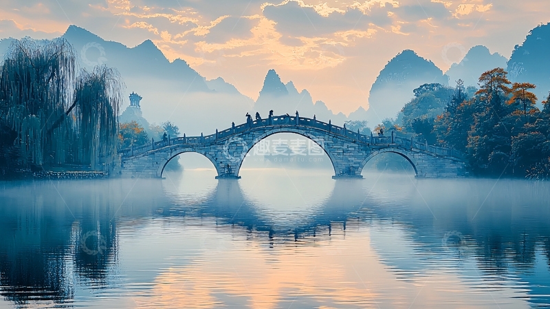 高清大图下载【趣麦麦图】水墨画风下的石桥美景