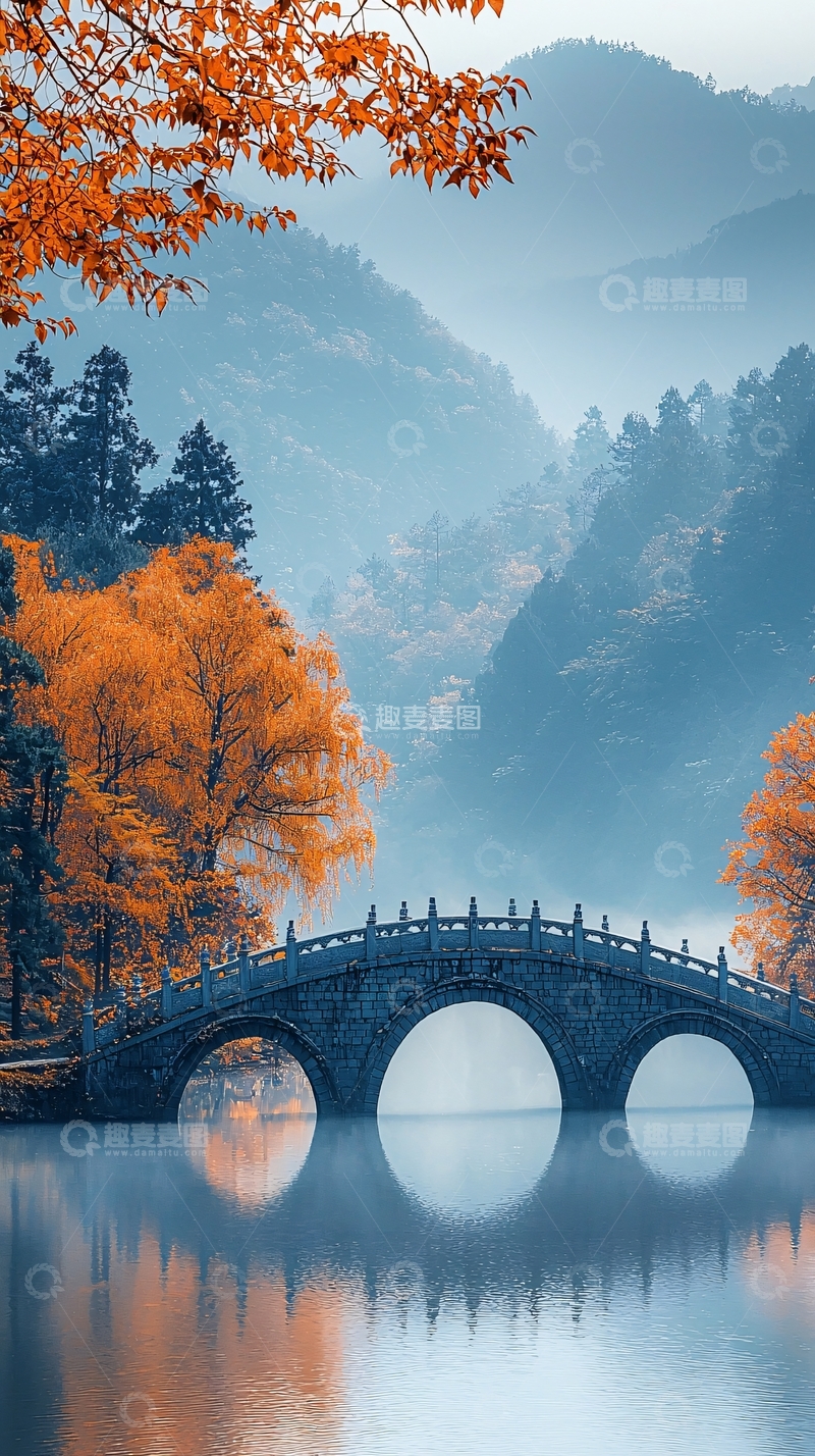 高清大图下载【趣麦麦图】秋色朦胧山水桥