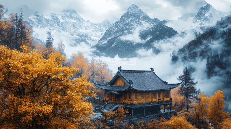 高清大图下载【趣麦麦图】山间寺庙秋色美景