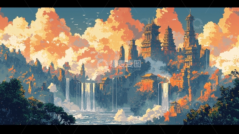 高清大图下载【趣麦麦图】悬浮城堡与壮丽瀑布