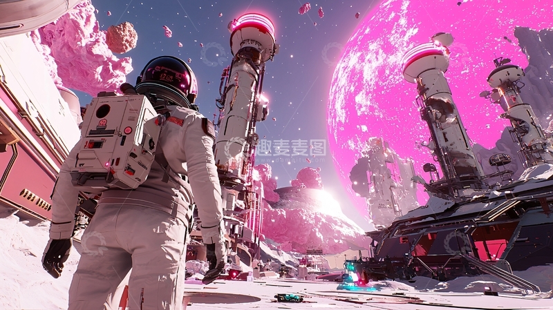 高清大图下载【趣麦麦图】太空宇航员粉色星球