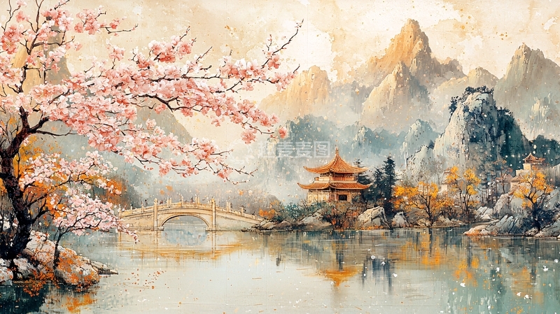 高清大图下载【趣麦麦图】中国风山水桃花水墨画