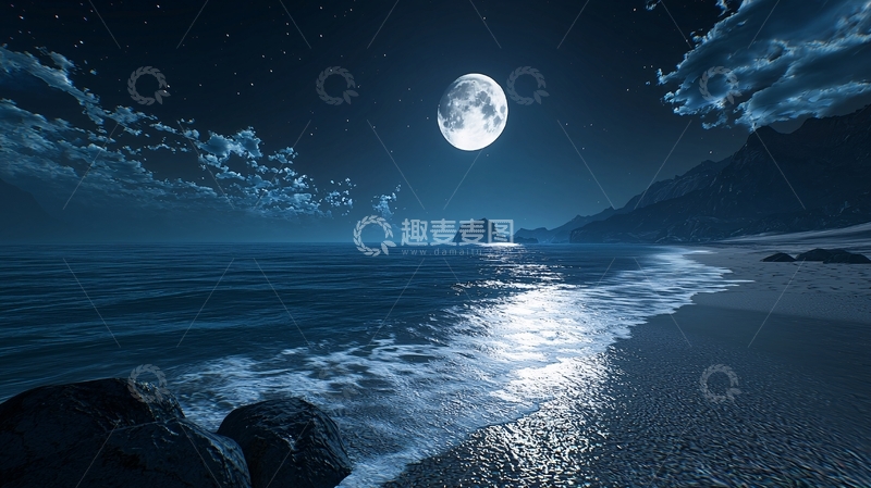 高清大图下载【趣麦麦图】夜空下的海边满月
