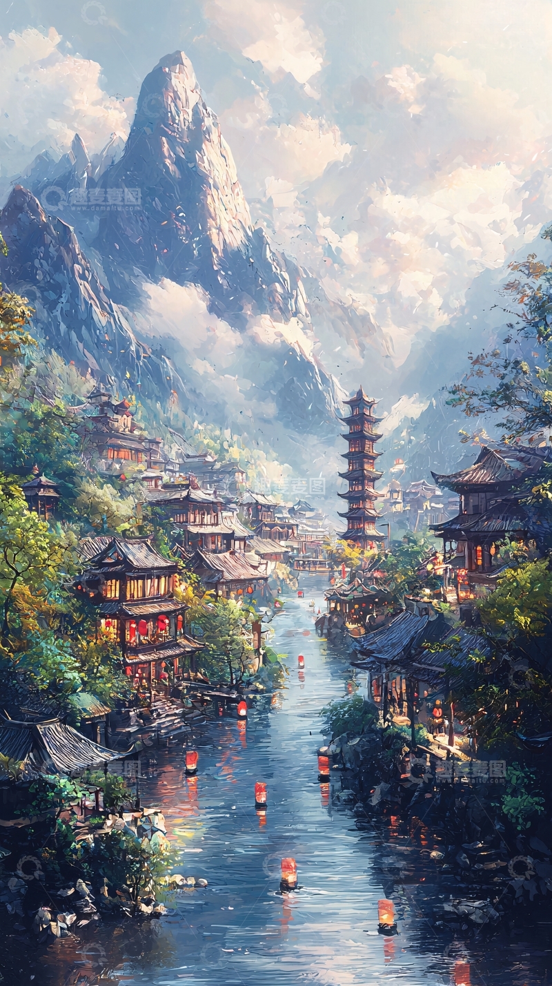 高清大图下载【趣麦麦图】水墨风山水人家