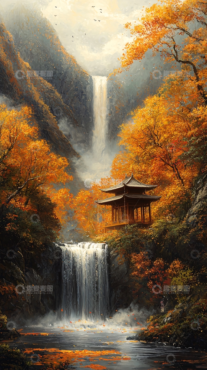 高清大图下载【趣麦麦图】秋季山间飞瀑凉亭
