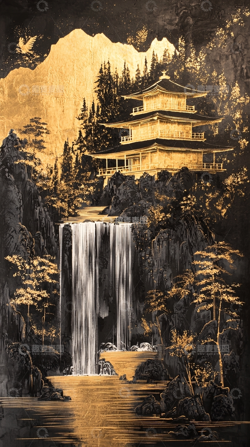 高清大图下载【趣麦麦图】金色古建筑在山水间