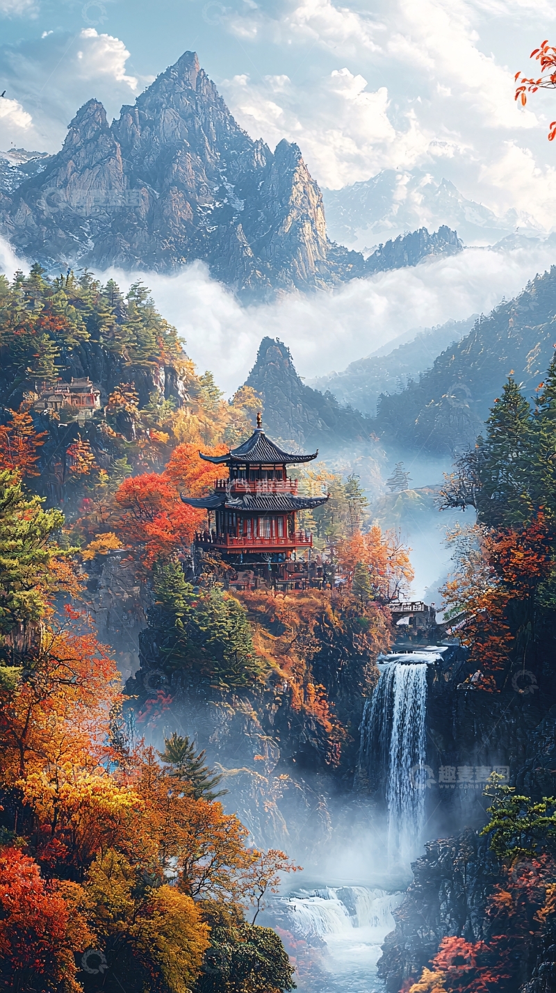 高清大图下载【趣麦麦图】秋日山间古寺风景