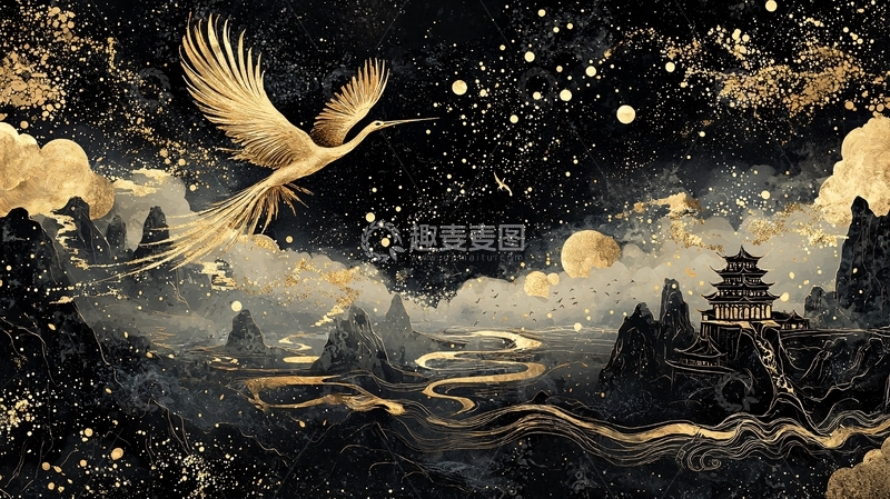 高清大图下载【趣麦麦图】金色仙鹤飞翔于山水夜空