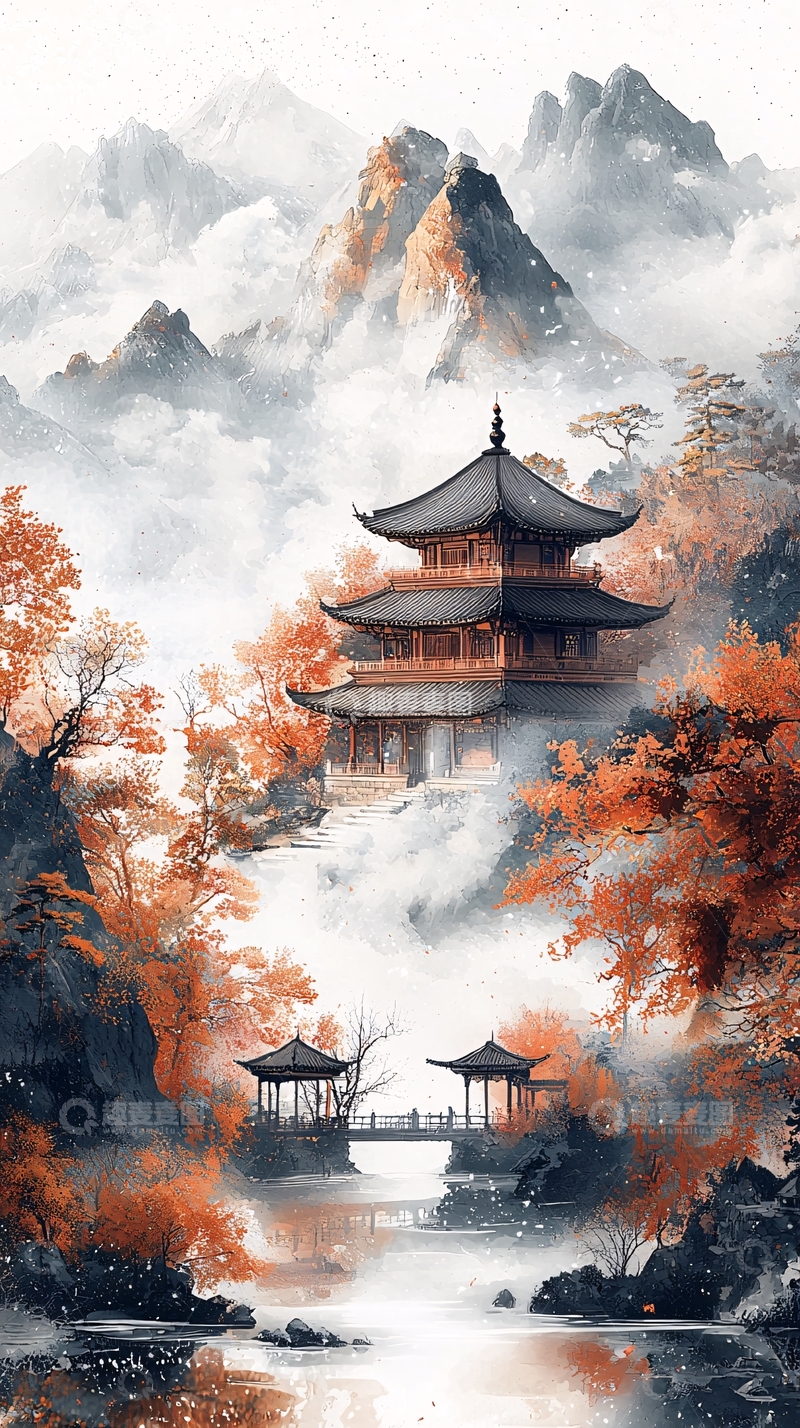 高清大图下载【趣麦麦图】水墨风格的山水寺庙亭台