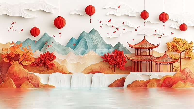 高清大图下载【趣麦麦图】中国风山水楼阁红灯笼新年图