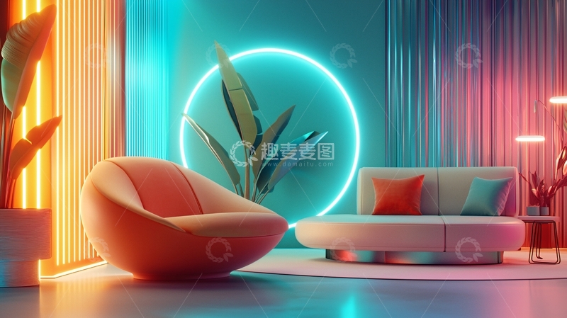 高清大图下载【趣麦麦图】霓虹灯下的现代客厅