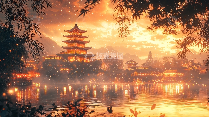 高清大图下载【趣麦麦图】夕阳下的古色古香建筑