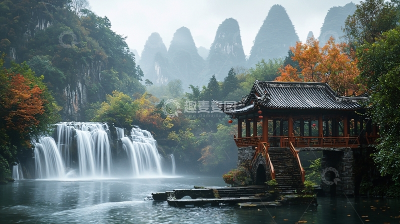 高清大图下载【趣麦麦图】山水画风格的亭台楼阁