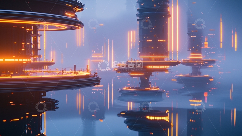 高清大图下载【趣麦麦图】未来主义风格水上城市