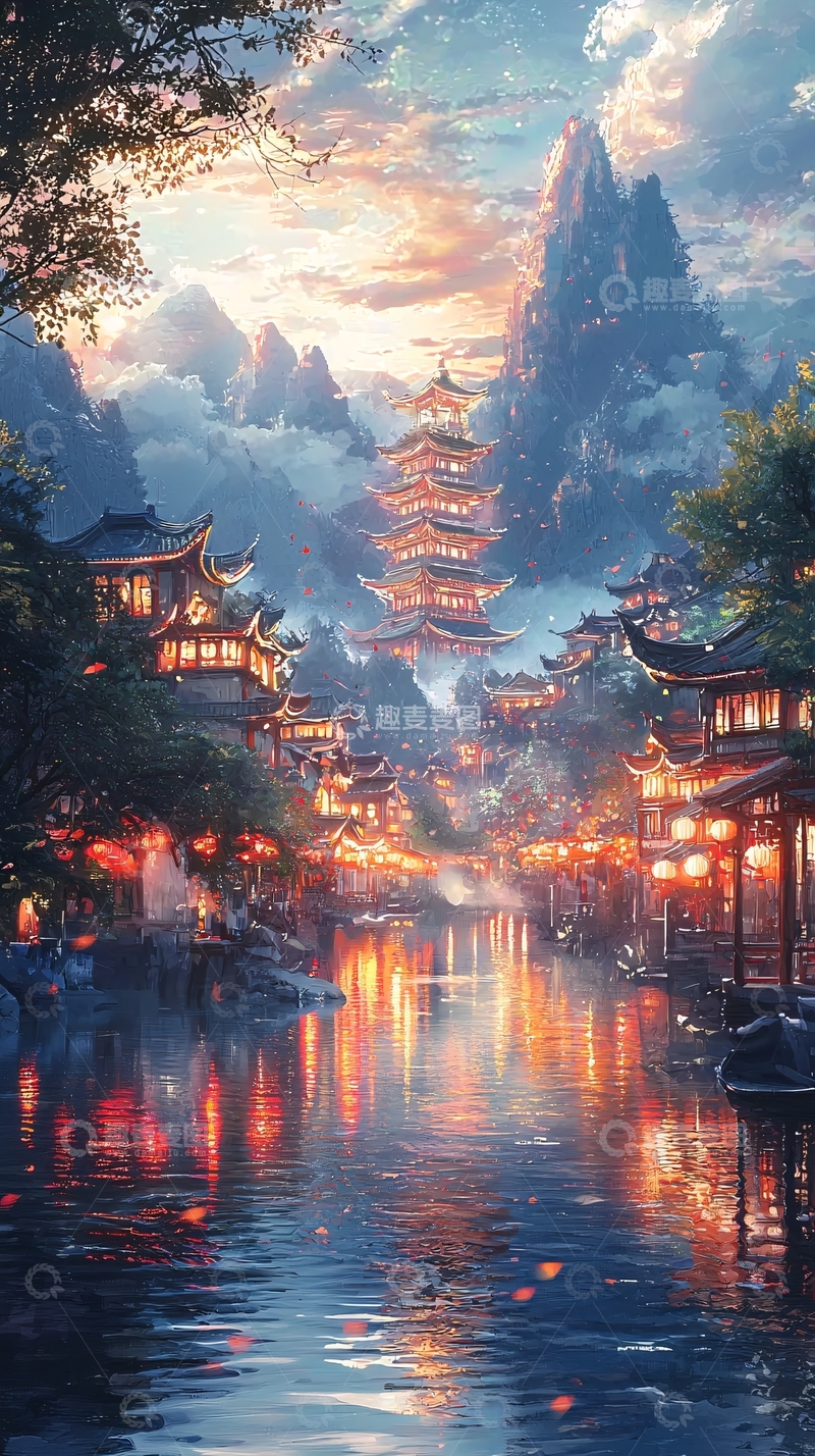 高清大图下载【趣麦麦图】古风水乡夜景