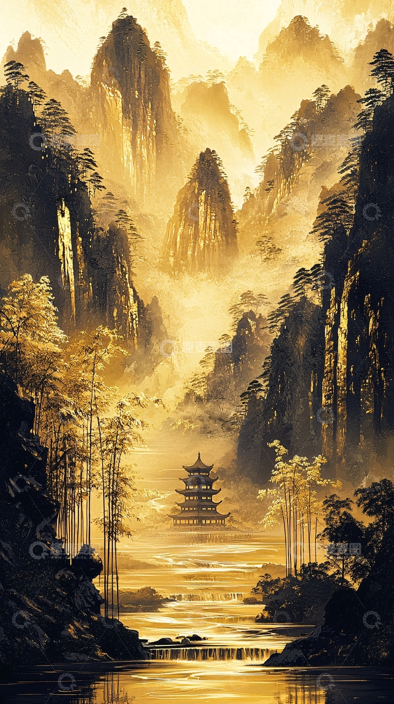 高清大图下载【趣麦麦图】金色山水间的古建筑