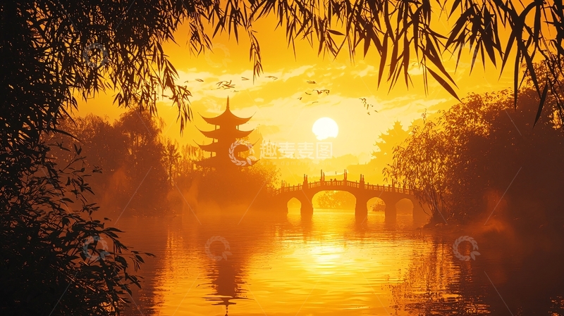 高清大图下载【趣麦麦图】中国风夕阳湖景亭台