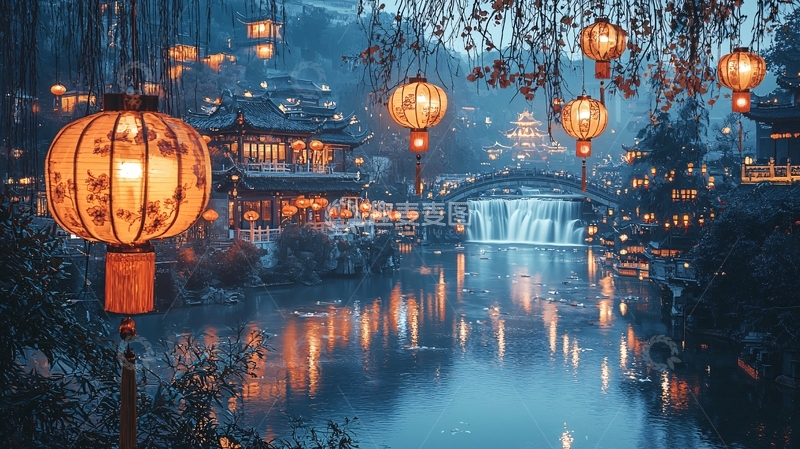 高清大图下载【趣麦麦图】夜幕下的古镇灯笼美景