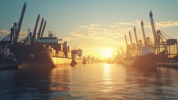 港口日落货轮剪影