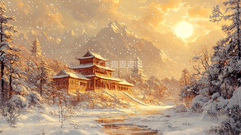 高清大图下载【趣麦麦图】冬日雪景中的中式建筑